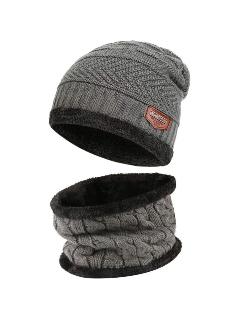 🆕 Men Grey Fleece Lined Winter Cap Beanie Scarf Set Knit Neck Warmer Nice Hat